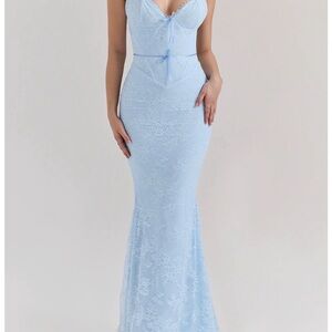 House of CB Sarai Light Blue Lace Maxi Dress Mermaid Style with Corset Bodice